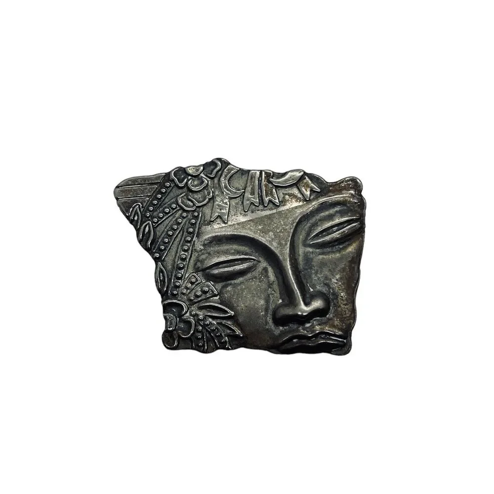 Face Brooch Pin Art Nouveau Silver Tone Fragment Style Retro Chic Aged Floral